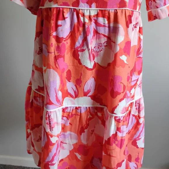 Vince Camuto Linen Blend Tropical Print Pink Orange Floral Easy Dress Size 4 - Picture 2 of 16
